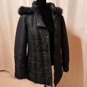 Weather Tamer Black Quilted Hooded Winter Coat with Faux Fur Trim
